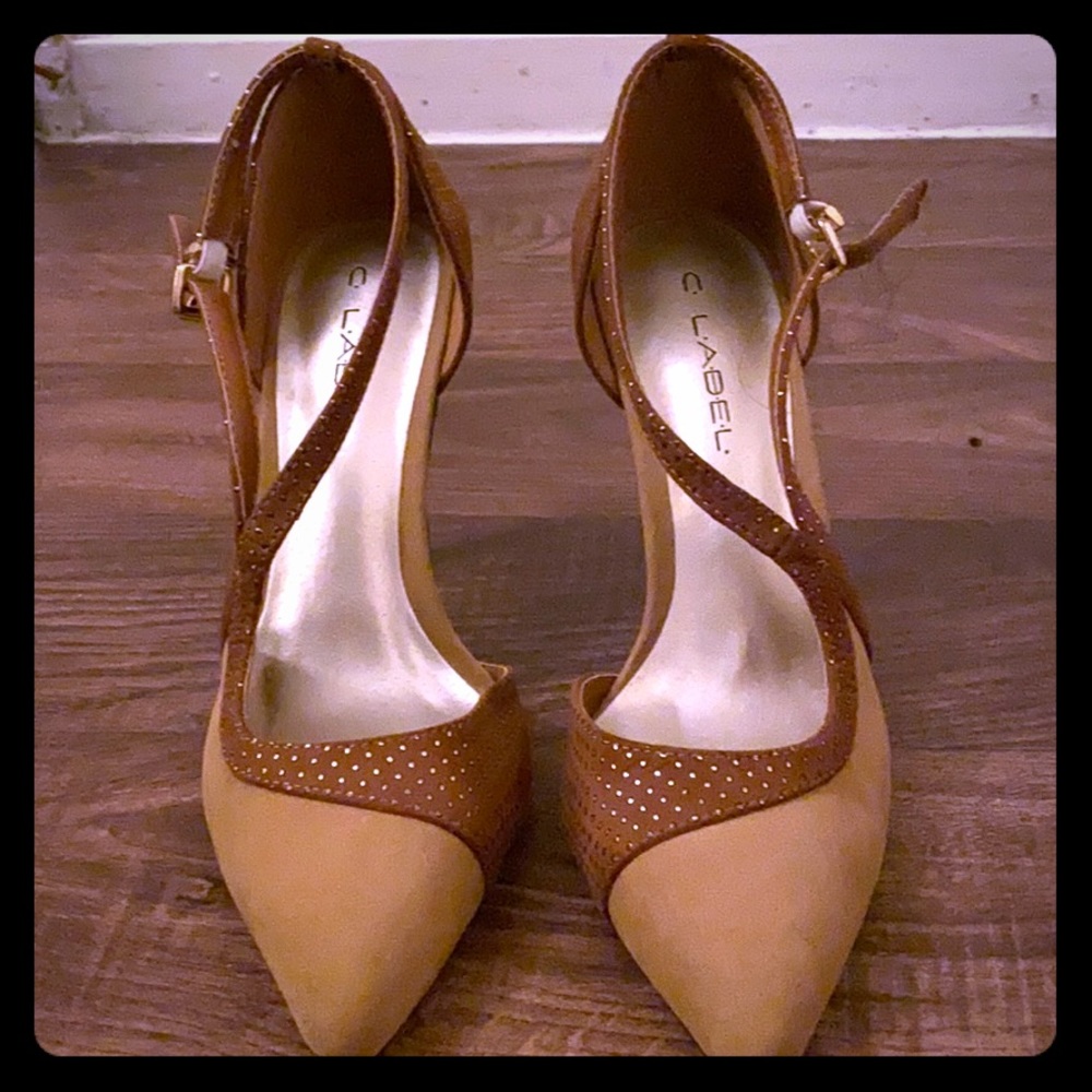 Brown and silver heels with felt bottoms